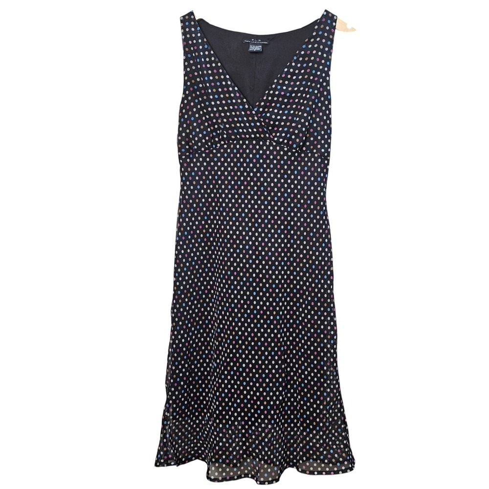 Faith Love & Passion Polka Dot‎ V-Neck Chiffon Midi Dress Black Multi Sz 8 EUC